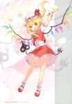  1girl 6u_(eternal_land) absurdres ascot blonde_hair blush flandre_scarlet full_body hat highres long_legs looking_at_viewer open_mouth red_eyes ribbon scan short_hair side_ponytail skirt socks solo touhou umbrella wings wrist_cuffs zoom zoom_layer 