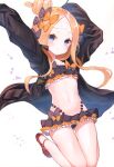  1girl abigail_williams_(fate) absurdres arms_up bandaid bandaid_on_forehead bangs bikini black_bikini black_bow black_jacket blonde_hair blue_eyes blush bow breasts closed_mouth collarbone crossed_bandaids emerald_float fate/grand_order fate_(series) forehead frilled_bikini frills hair_bow hair_bun heroic_spirit_traveling_outfit highres jacket jumping long_hair looking_at_viewer multiple_bows open_clothes open_jacket orange_belt orange_bow parted_bangs polka_dot polka_dot_bow red_footwear sleeves_past_fingers sleeves_past_wrists small_breasts smile solo suzuho_hotaru swimsuit thighs white_background 