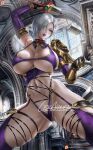  1girl armpits asymmetrical_clothes blue_eyes breasts hair_over_one_eye huge_breasts isabella_valentine lexaiduer looking_at_viewer navel purple_lips revealing_clothes short_hair silver_hair skindentation soulcalibur soulcalibur_iv tagme whip_sword 