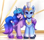  armor duo equid equine female guard hasbro headgear helmet hi_res hooves horn hug izzy_moonbow_(mlp) mammal mlp_g5 my_little_pony purple_eyes shadowreindeer side_hug unicorn 