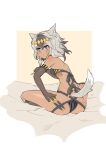  1girl absurdres animal_ears animal_print ass back bikini bikini_top breasts brown_gloves brown_hair brown_legwear dark_skin diadem elbow_gloves fringe_trim from_behind gloves grey_hair grey_panties hair_tubes highres holding holding_knife jackal_(warship_girls_r) jackal_ears jackal_tail kneehighs knife knife_holster kunai lace_trim looking_at_viewer looking_back lying medium_hair messy_hair multicolored_hair on_back panties scar scar_on_face sidelocks silver_eyes sirills skindentation small_breasts solo strap swimsuit two-tone_hair underwear warship_girls_r weapon white_background zebra_print 