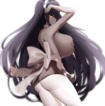  1girl absurdres apron ass black_hair blue_archive blush breasts covering covering_breasts dark_skin from_side highres huge_breasts karin_(blue_archive) long_hair looking_at_viewer nicorima shiny shiny_hair simple_background solo very_dark_skin white_background white_legwear yellow_eyes 