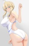  1girl absurdres artoria_pendragon_(all) artoria_pendragon_(lancer)_(fate) ass bangs bare_shoulders blonde_hair blush braid breasts competition_swimsuit fate/grand_order fate_(series) french_braid green_eyes hair_between_eyes highleg highleg_swimsuit highres higofushi large_breasts long_hair looking_at_viewer one-piece_swimsuit sidelocks smile swimsuit thighs white_swimsuit 