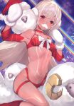  1girl absurdres altera_(fate) altera_the_santa_(fate) armpits bare_shoulders boots dark_skin dark_skinned_female detached_sleeves earmuffs fake_facial_hair fake_mustache fate/grand_order fate_(series) highres holding long_sleeves looking_at_viewer mittens navel red_eyes revealing_clothes riding sheep short_hair solo suzuho_hotaru thighs veil white_hair 