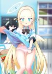  @_@ angel_wings apron blonde_hair blue_archive blue_eyes blurry blurry_background blush forehead halo highres id_card long_hair looking_at_viewer mknnkm2 open_mouth pov pov_hands shop sora_(blue_archive) sweatdrop wings 