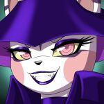  anthro crovirus eyelashes eyeshadow felid feline female fur gradient_background lipstick looking_at_viewer makeup mammal pink_eyes purple_eyeshadow purple_lipstick sharp_teeth simple_background smile spiral_eyes teeth white_body white_fur yellow_sclera 