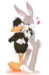  &lt;3 anatid anseriform anthro avian bird blush bodily_fluids bugs_bunny clothing daffy_duck digit_ring duck duo feathers fur gloves handwear hi_res husband jewelry lagomorph leporid looney_tunes male male/male mammal married_couple nervous rabbit ring simple_background smile sweat warner_brothers wedding_ring zehn 