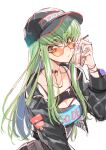  1girl black_clothes black_headwear black_jacket breasts c.c. cleavage code_geass creayus cup drink drinking_straw eyebrows_visible_through_hair glasses green_hair hat jacket jewelry long_hair looking_at_viewer nail_polish necklace wristband yellow_eyes 