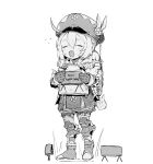  1girl backpack bag boots claymore_(mine) closed_eyes ddari dress explosive full_body genshin_impact gloves greyscale hair_between_eyes hat highres klee_(genshin_impact) long_sleeves mine_(weapon) monochrome open_mouth simple_background solo standing white_background 
