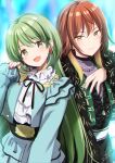  2girls :d aketa_mikoto azuma_yuki black_jacket black_skirt blue_jacket blue_skirt brown_eyes brown_hair closed_mouth earrings gradient_hair green_eyes green_hair green_nails hand_up head_tilt highres idolmaster idolmaster_shiny_colors jacket jewelry layered_skirt long_hair long_sleeves looking_at_viewer multicolored multicolored_hair multicolored_nails multiple_girls nail_polish nanakusa_nichika open_clothes open_jacket open_mouth purple_nails red_nails shirt skirt sleeves_past_wrists smile very_long_hair white_shirt 