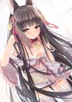  1girl adjusting_hair animal_ears azur_lane bangs bare_shoulders bent_over black_hair blunt_bangs blush breasts casual collarbone commentary_request detached_collar downblouse eyebrows_visible_through_hair eyes_visible_through_hair fox_ears hair_ornament long_hair looking_at_viewer madotsukumo midriff nagato_(azur_lane) nagato_(fox_vacation_day)_(azur_lane) navel off_shoulder parted_lips plaid plaid_shorts shorts sidelocks simple_background small_breasts solo striped striped_legwear thighhighs yellow_eyes 