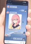  1girl =_= bangs bespectacled black-framed_eyewear black_sailor_collar blue_hair blush brown_sweater cellphone closed_eyes closed_mouth commentary_request eyebrows_visible_through_hair glasses hair_between_eyes hair_bun hair_ornament hair_scrunchie highres holding holding_phone kagamihara_nadeshiko long_hair nekosination phone pink_hair sailor_collar school_uniform scrunchie serafuku shima_rin smile sweater translation_request twitter_username white_neckwear white_scrunchie wooden_floor yurucamp 