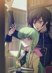  1boy 1girl arm_up ashford_academy_uniform black_hair book bookshelf c.c. code_geass creayus eyebrows_visible_through_hair green_hair height_difference highres lelouch_lamperouge library long_hair low_twintails open_mouth pink_ribbon purple_eyes ribbon short_hair twintails yellow_eyes 