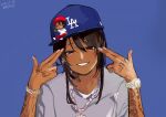  &gt;_o 1boy arms_up artist_name black_hair blue_headwear blush brown_eyes chain_necklace chibi dababy_(rapper) dark_skin dark_skinned_male dated grey_shirt head_tilt headwear highres hip_hop los_angeles_dodgers one_eye_closed open_mouth pants real_life red_headwear red_pants shiromonefu shirt simple_background smile solo tattoo upper_body watch white_shirt wristwatch 