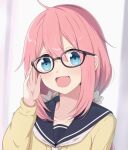  1girl :d ahoge bangs bespectacled black-framed_eyewear black_sailor_collar blue_eyes brown_sweater eyebrows_visible_through_hair glasses hair_between_eyes hair_ornament hair_scrunchie hand_up kagamihara_nadeshiko long_hair looking_at_viewer nekosination open_mouth pink_hair sailor_collar school_uniform scrunchie serafuku smile solo sweater upper_body white_neckwear white_scrunchie yurucamp 