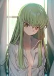  1girl backlighting bangs blush breasts c.c. cleavage closed_mouth code_geass collarbone creayus curtains eyebrows_visible_through_hair green_hair grey_shirt indoors long_hair looking_at_viewer medium_breasts naked_shirt no_bra open_clothes open_shirt shirt solo straight_hair unbuttoned unbuttoned_shirt upper_body window yellow_eyes 