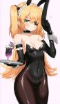  1girl absurdres alcohol animal_ears bare_shoulders black_choker black_gloves black_leotard blonde_hair blurry bow breasts brown_legwear bunny_ears choker closed_mouth collarbone covered_navel cowboy_shot cup drinking_glass elbow_gloves eyepatch fake_animal_ears fischl_(genshin_impact) frilled_choker frills frown genshin_impact gloves green_eyes groin hair_bow hand_up headdress highleg highleg_leotard highres holding holding_tray hurricane_glass latex leotard long_hair looking_at_viewer medium_breasts no_bra pantyhose shiny shiny_clothes shiny_legwear sidelocks simple_background solo standing strapless strapless_leotard sweatdrop tray two_side_up w.k white_background wine 