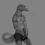  2021 alligator alligatorid anthro crocodilian erection genitals greyscale hi_res humanoid_genitalia humanoid_penis klongi looking_at_viewer male monochrome penis reptile scales scalie solo 