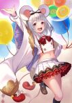  1girl :d akanebi animal_ears balloon black_legwear blush bow_hairband buttons cropped_shirt double-breasted fake_animal_ears feet_out_of_frame frilled_skirt frills granblue_fantasy grey_hair hair_ornament hairband hairclip highres kneehighs midriff miniskirt mouse_ears navel open_mouth pleated_skirt red_eyes short_hair silver_hair skirt smile solo upper_teeth vikala_(granblue_fantasy) white_skirt wide_sleeves 