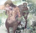  1boy 1girl abs absurdres bangs black_footwear black_pants blonde_hair blurry blurry_foreground blush brown_hair centaur chinese_commentary chiron_(fate) clothed_female_nude_male commentary_request covering_mouth dated facing_away fate/apocrypha fate_(series) fiore_forvedge_yggdmillennia green_eyes hetero highres horse_tail implied_fellatio kneeling long_hair long_sleeves low-tied_long_hair monster_boy multiple_legs muscular nude one_eye_closed pants pectorals shadow shirt shoes sidelocks signature standing steam sweat tail taur toby_(k.t) tree_shade wheelchair white_legwear white_shirt 