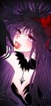  1girl akemi_homura akuma_homura arm_up artist_name bare_shoulders black_choker black_gloves black_hair black_theme breasts choker cleavage close-up elbow_gloves evil_smile eyebrows_visible_through_hair eyelashes eyes_visible_through_hair face fangs floating_hair gloves hair_ribbon hand_to_own_mouth highres light_blush light_particles long_hair looking_at_viewer mahou_shoujo_madoka_magica mahou_shoujo_madoka_magica_movie open_mouth pale_skin poming purple_background purple_eyes purple_theme red_ribbon revealing_clothes ribbon shaded_face simple_background small_breasts smile solo soul_gem straight_hair teeth_hold tsurime upper_body very_long_hair 