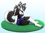  2021 4_toes 5_fingers anthro black_hair blue_eyes breasts canid canine canis clothed clothing digital_media_(artwork) domestic_dog feet female fingers hair hi_res infinitedge2u mammal sitting smile solo toes white_hair 