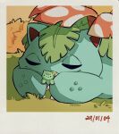  2004 age_progression bulbasaur closed_eyes doll_hug flower gen_1_pokemon highres holding leaf no_humans pokemon pokemon_(creature) signature teletelo venusaur 