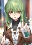  1girl :d alternate_costume bangs black_sweater blurry blurry_background breasts brown_coat c.c. cleavage cleavage_cutout clothing_cutout coat code_geass coffee_cup creayus cup depth_of_field disposable_cup earrings eyebrows_visible_through_hair green_hair hair_between_eyes highres holding holding_cup id_card jewelry long_hair long_sleeves meme_attire open-chest_sweater open_clothes open_coat open_mouth pov shirt smile solo straight_hair sweater upper_body very_long_hair white_shirt yellow_eyes 