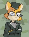  absurd_res anthro big_breasts breasts camo canid canine clothed clothing digital_media_(artwork) eyewear female fox fur glasses hat headgear headwear hi_res karlometer looking_at_viewer lt._fox_vixen male mammal military military_uniform orange_body orange_fur sek_studios simple_background solo squirrel_and_hedgehog uniform 