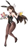  1girl animal_ears beer_mug black_hair black_legwear black_leotard breasts brown_eyes bunny_ears bunny_tail cleavage cup detached_collar drink full_body glass hair_ribbon highres hime_cut hiyou_(kancolle) kantai_collection leotard long_hair looking_at_viewer magatama medium_breasts minase_(takaoka_nanase) mug one-piece_thong open_mouth pantyhose playboy_bunny red_neckwear ribbon simple_background solo strapless strapless_leotard tail wrist_cuffs wwhite_background 
