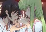  1boy 1girl apron bangs black_hair c.c. chin_hold chocolate chocolate_on_face chocolate_syrup code_geass collared_shirt creayus eye_contact finger_licking finger_to_mouth food food_on_face green_hair hair_between_eyes holding holding_hand lelouch_lamperouge licking long_hair long_sleeves looking_at_another pink_apron profile purple_eyes shirt short_hair sidelocks tongue tongue_out upper_body white_shirt window yellow_eyes 
