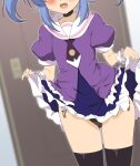  1girl :d ass_visible_through_thighs black_choker black_legwear black_panties blue_hair blurry blurry_background blush choker commentary_request depth_of_field door fang frilled_skirt frills head_out_of_frame kurobane_alice lifted_by_self momio open_mouth panties puffy_short_sleeves puffy_sleeves purple_shirt purple_skirt sailor_collar shadowverse_(anime) shirt short_sleeves side-tie_panties sidelocks skirt skirt_lift smile solo standing thighhighs twintails underwear white_sailor_collar wrist_cuffs 