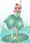  dress elbow_gloves fantasy flower gloves green_dress green_footwear green_gloves hair_flower hair_ornament lily_pad original pink_hair plant_girl puffy_sleeves red_eyes shoes short_hair smile solo staff torazou water 