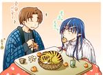  1boy 1girl basket blue_hair blush breast_rest breasts brown_hair cat circlet cup diaho eating food fruit gem grin hanten_(clothes) jewelry jinto kamishiro_kou kotatsu lafiel long_hair long_sleeves mandarin_orange medium_breasts mouth_hold o_o paw_print plaid pointy_ears robe seikai_no_senki sleeping smile sparkle sweater table tea translated turtleneck 