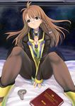  book brown_hair glasses green_eyes jacket legs long_sleeves mikazuki_akira! pantyhose shion_uzuki sitting solo xenosaga 