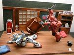  battle figure gm_(mobile_suit) gundam lowres mobile_suit_gundam no_humans photo rx-78-2 shield table_flip weapon zaku zaku_ii zaku_ii_s_char_custom 