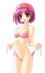  blush bow bra breasts cleavage hair_ribbon kamigishi_akari lingerie navel norizou_type-r panties pink_eyes pink_hair pink_panties ribbon short_hair side-tie_panties small_breasts solo standing to_heart underwear underwear_only undressing untied yellow_bow 