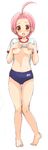  ahoge barefoot blush breasts buruma d: gym_uniform kuzuryuu_momoko medium_breasts navel nipples open_mouth pigeon-toed pink_hair red_eyes sakura_koharu shirt_lift short_hair solo sumomomo_momomo sweat 