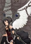  angel_wings black blush brown_hair chain copyright_request mikazukimo ponytail smile solo sword weapon wings 