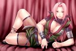  alternate_costume ankle_lace-up belt breasts chiba_toshirou cleavage cross-laced_footwear fishnets forehead_protector green_eyes haruno_sakura high_heels lace-up_heels large_breasts nail_polish naruto_(series) naruto_shippuuden ninja older pink_hair pink_nails shoes solo uniform zipper 