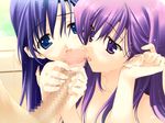  bathroom bathtub blue_eyes blue_hair censored eyebrows_visible_through_hair fellatio game_cg hair_tucking hetero himeyuri_ruri himeyuri_sango mosaic_censoring multiple_fellatio multiple_girls nakamura_takeshi oral penis purple_eyes purple_hair siblings to_heart_2 to_heart_2_xrated tongue tongue_out twins 