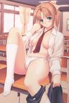  after areolae blue_eyes blush bow bow_panties breasts brown_hair buruma buruma_around_one_leg buruma_pull cameltoe classroom desk dress_shirt duplicate hair_bow indoors kneehighs leaning_back leg_lift long_hair long_sleeves medium_breasts navel necktie no_bra open_clothes open_shirt panties ponytail red_neckwear school_desk school_uniform shiomiya_kanami shirt side-tie_panties sitting socks solo tanaka_takayuki underwear undressing white_legwear white_panties 