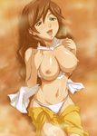  breasts brown_hair large_breasts long_hair miranda_maverick nipples open_clothes open_shirt panties sauna shirt solo solty_rei tofu_(tf07px) underwear 