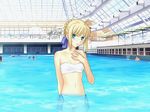  1girl ahoge artoria_pendragon_(all) bandeau bikini blonde_hair blush fate/hollow_ataraxia fate/stay_night fate_(series) game_cg green_eyes hand_on_own_chest indoors navel parasol partially_submerged photo_background pool pool_ladder railing saber solo_focus swimsuit tachi-e takeuchi_takashi triangle_mouth umbrella wading waterpark white_bikini 