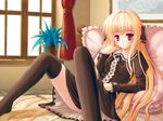  bed blonde_hair blush copyright_request gothic kounose_akara long_hair long_sleeves purple_eyes red_eyes solo thighhighs 