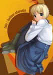 :3 ahoge artoria_pendragon_(all) blonde_hair blouse blue_eyes boots fate/hollow_ataraxia fate/stay_night fate_(series) fetal_position full_body long_sleeves mikazuki_akira! pantyhose saber skirt smile solo 