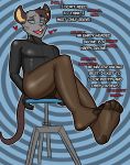  2018 abstract_background anthro bodysuit brown_hair clothing damediner dialogue digital_drawing_(artwork) digital_media_(artwork) drone feet foot_focus fur hair hi_res hypnosis legwear male mammal mind_control mouse open_mouth pantyhose rodent rubber simple_background skinsuit solo spiral spiral_background stool text tight_clothing 
