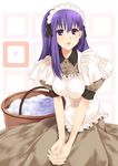  :d apron black_ribbon brown_dress buttons collar dress fate/hollow_ataraxia fate/stay_night fate_(series) hair_between_eyes hairband hands_clasped laundry_basket long_hair maid maid_headdress matou_sakura mizuki_makoto open_mouth own_hands_together purple_eyes purple_hair ribbon short_sleeves simple_background sitting smile solo stone v_arms 