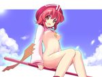  behoimi breasts day hat medium_breasts nude nude_filter pani_poni_dash! red_eyes red_hair sikorsky sitting sky solo staff third-party_edit 