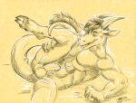  abs anthro balls biceps bodily_fluids claws cum cum_on_leg cum_on_self cum_on_stomach cum_on_tail dragon genital_fluids genitals hair horn lilshark looking_down lying male monochrome on_back pecs penis raised_leg scalie sepia signature solo tongue tongue_out 